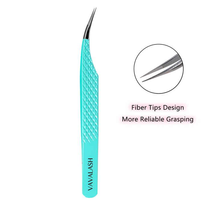 VG-05 Fiber Tip Blue Coated Curved Isolation Tweezers for Volume Eyelash Extensions - VAVALASH