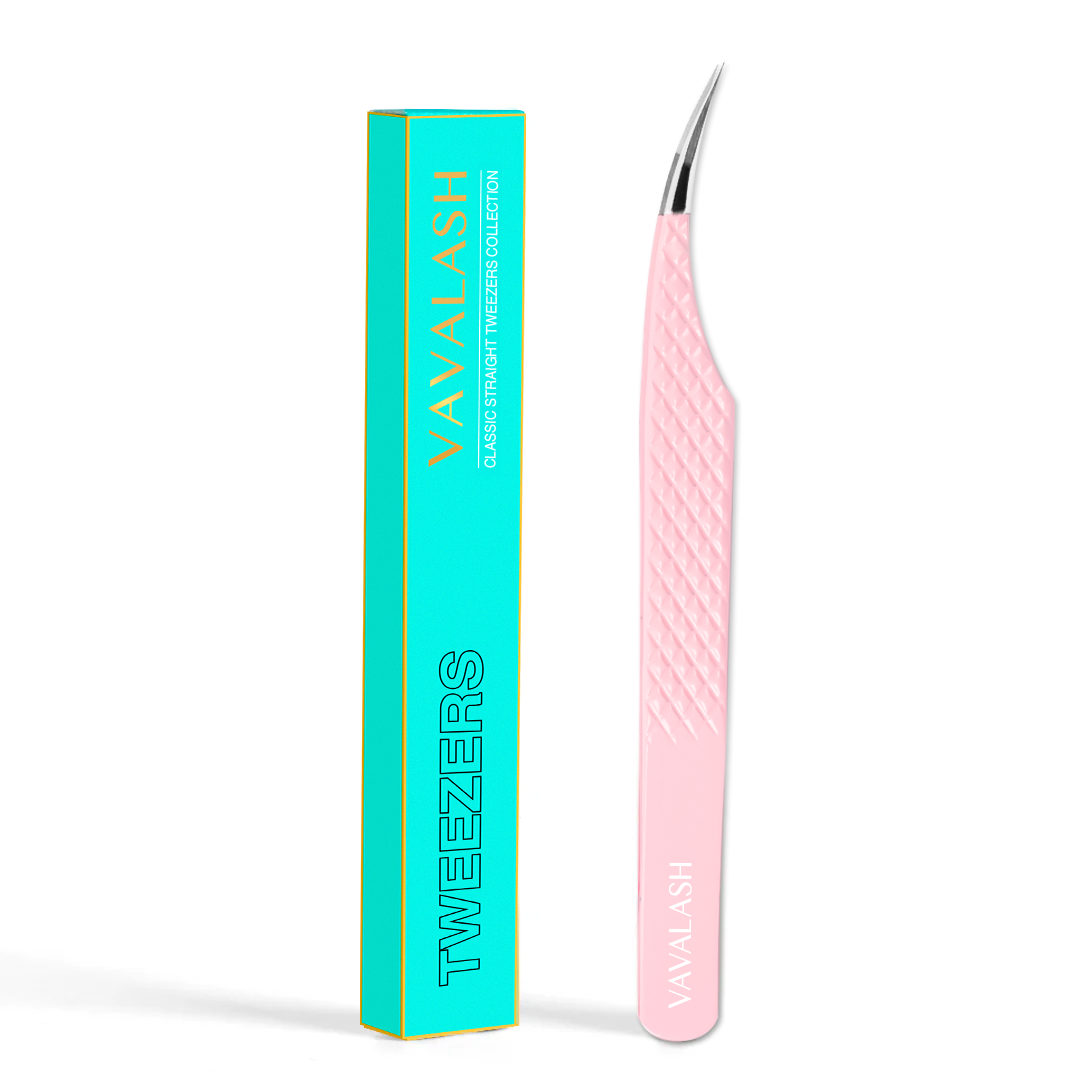 VC-07 Fiber Tip Light Pink Coated Curved Tweezers for Volume Eyelash Extensions